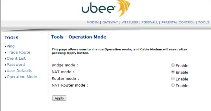 select Bridge mode on Ubee interface