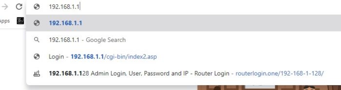 IP Address 192.168.1.1 on Address bar